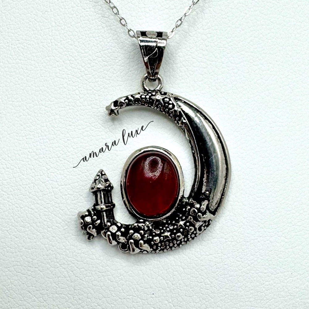 Garnet Cabachon Moon Lighthouse Necklace